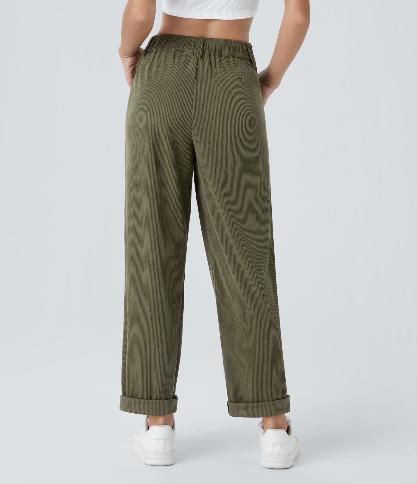Pantalon en velours côtelé décontracté taille moyenne avec poches latérales