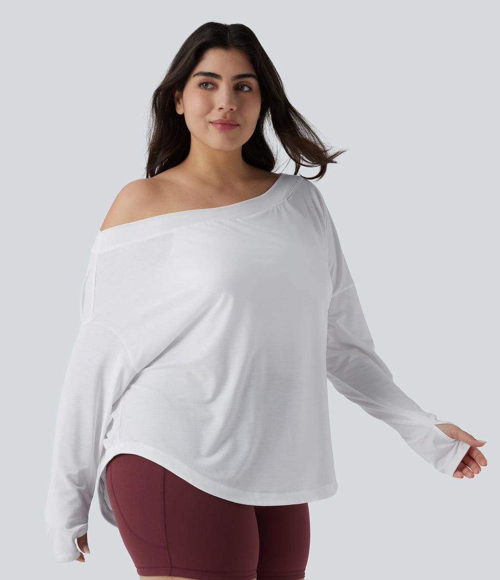 Haut de yoga grande taille asymétrique une épaule dénudée manches longues avec passages pouces, ourlet arrondi high-low et séchage rapide - Brassière intégrée