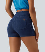 Halara Flex™  Shorts 7,5cm Denim Casual Taille Haute Poches Latérales Croisées en Maille Extensible