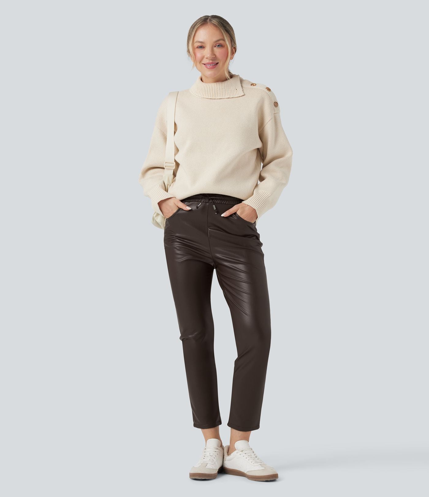 Pantalon fuselé 7/8 décontracté PU molleton extensible taille haute avec cordon et poches