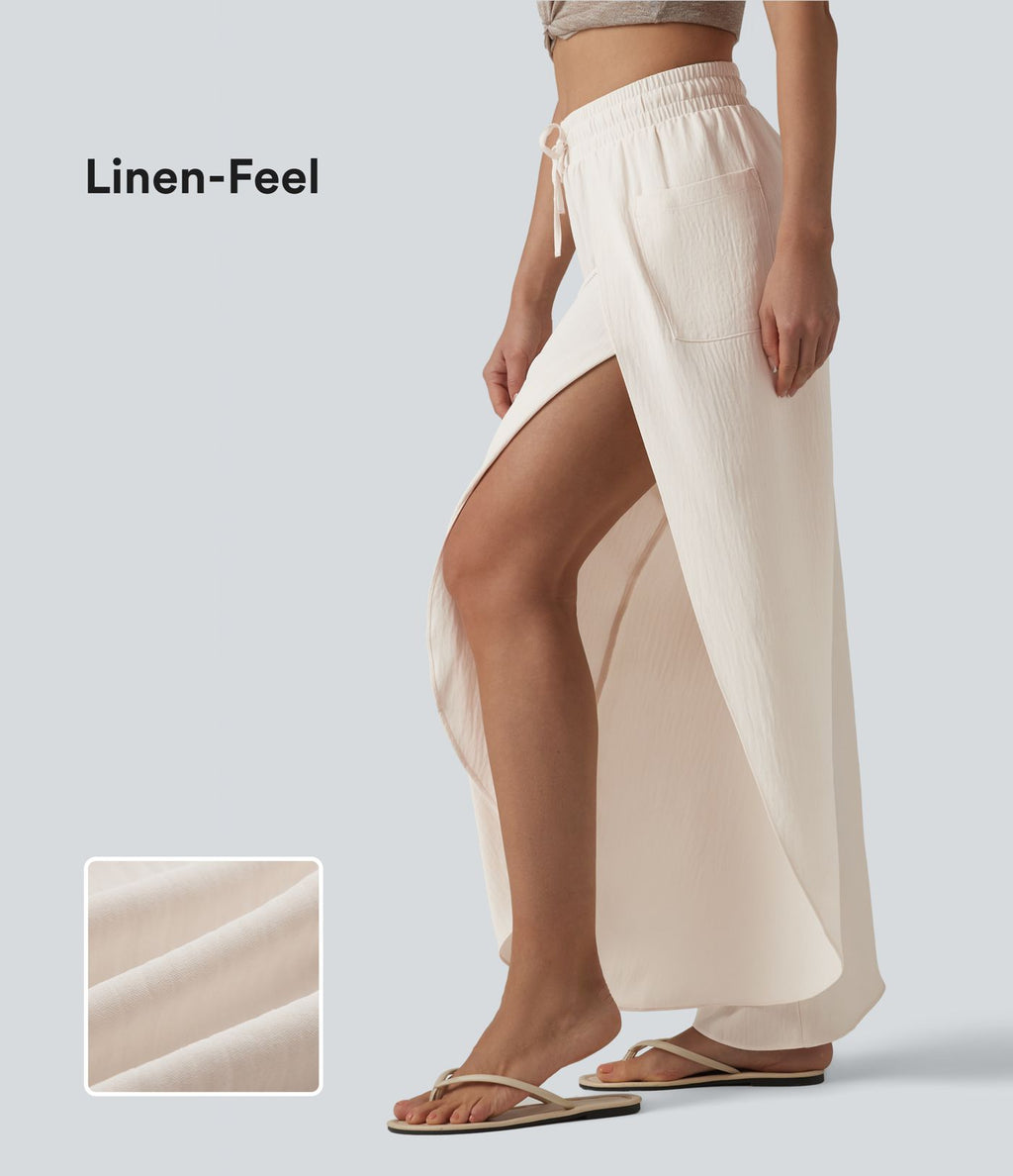 Pantalon ample décontracté à taille mi-haute, fentes, aspect lin, cordon de serrage et poches