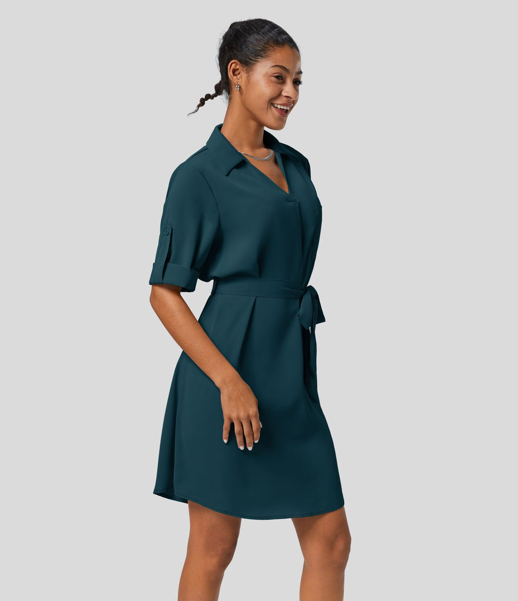 Robe-chemise décontractée à col, manches retroussables et ceinture