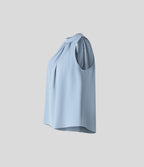 Blouse Travail Sans Manches Ourlet Courbé Col Haut Découpe au Dos Plis