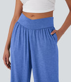 Pantalon de jogging décontracté à taille haute croisée avec poches latérales et cordon de serrage
