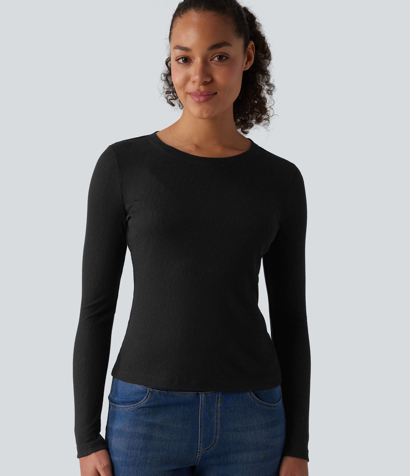 T-shirt décontracté maille côtelée semi-transparent col rond manches longues