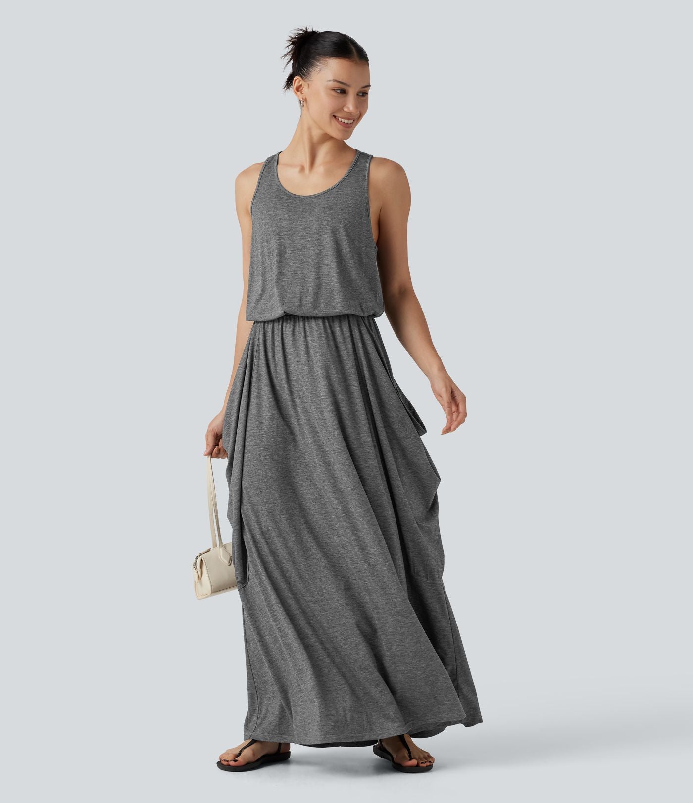 Robe longue casual drapée sans manches à dos ajouré avec poches