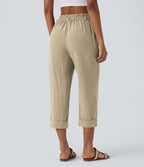 Pantalon capri effet lin taille haute avec poches zippées
