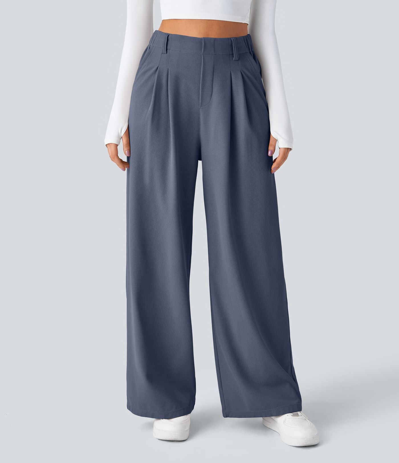 Pantalon Tailleur Large Fluide Halara Flex™ Gaufré Taille Haute Poches Latérales