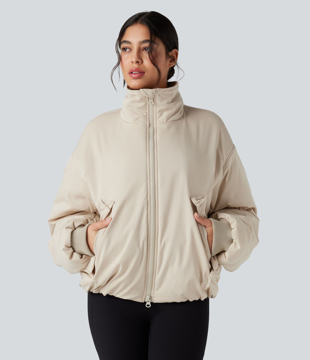 Doudoune casual zippée à col montant et manches longues avec poches