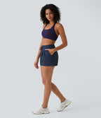 Short 7,5cm Casual à Taille Moyenne avec Ceinture Élastique Cordon de Serrage et Poches Latérales Ruchées
