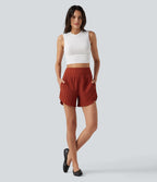 Short casual taille haute ourlet arrondi rayures avec poches