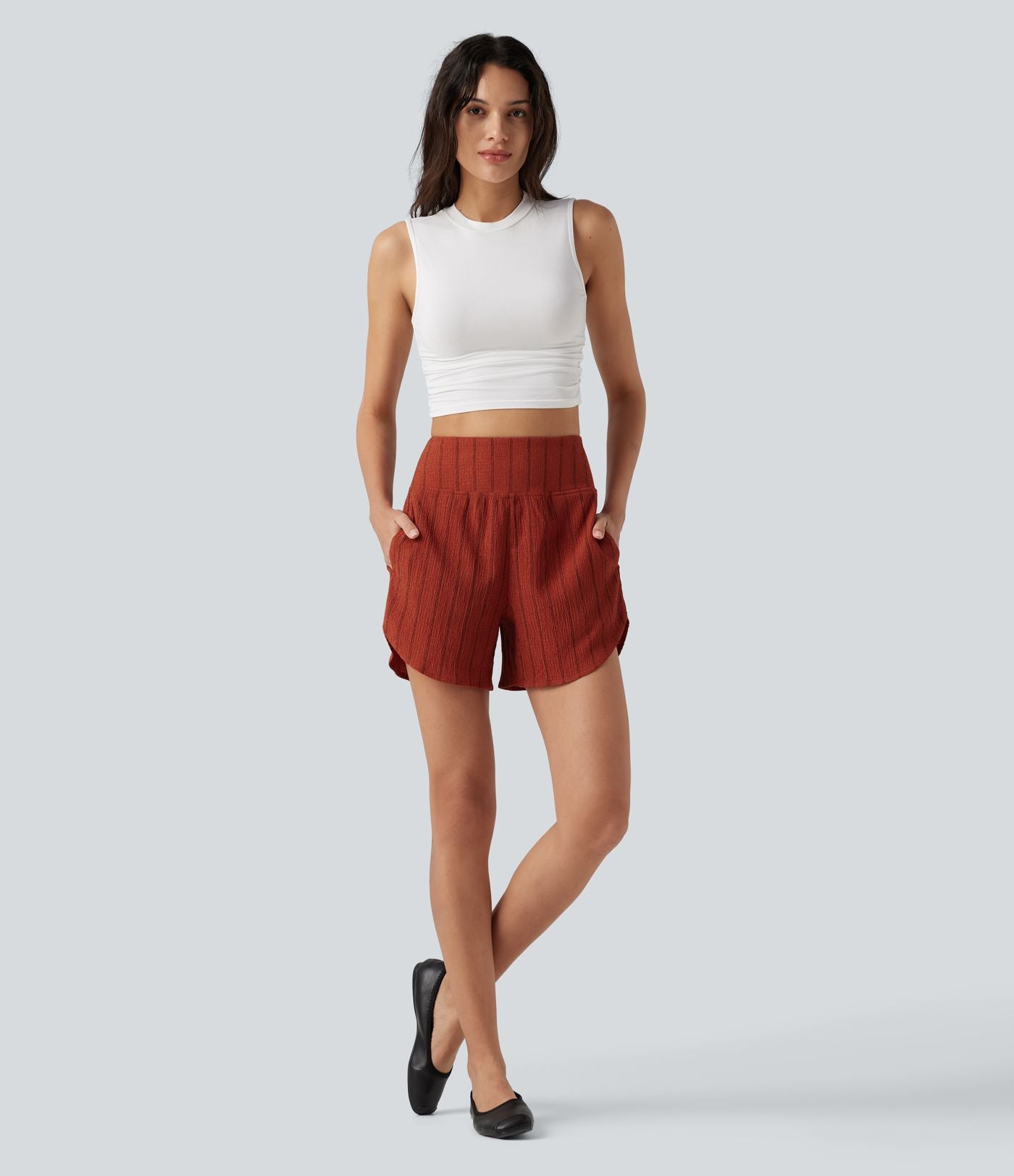 Short casual taille haute ourlet arrondi rayures avec poches