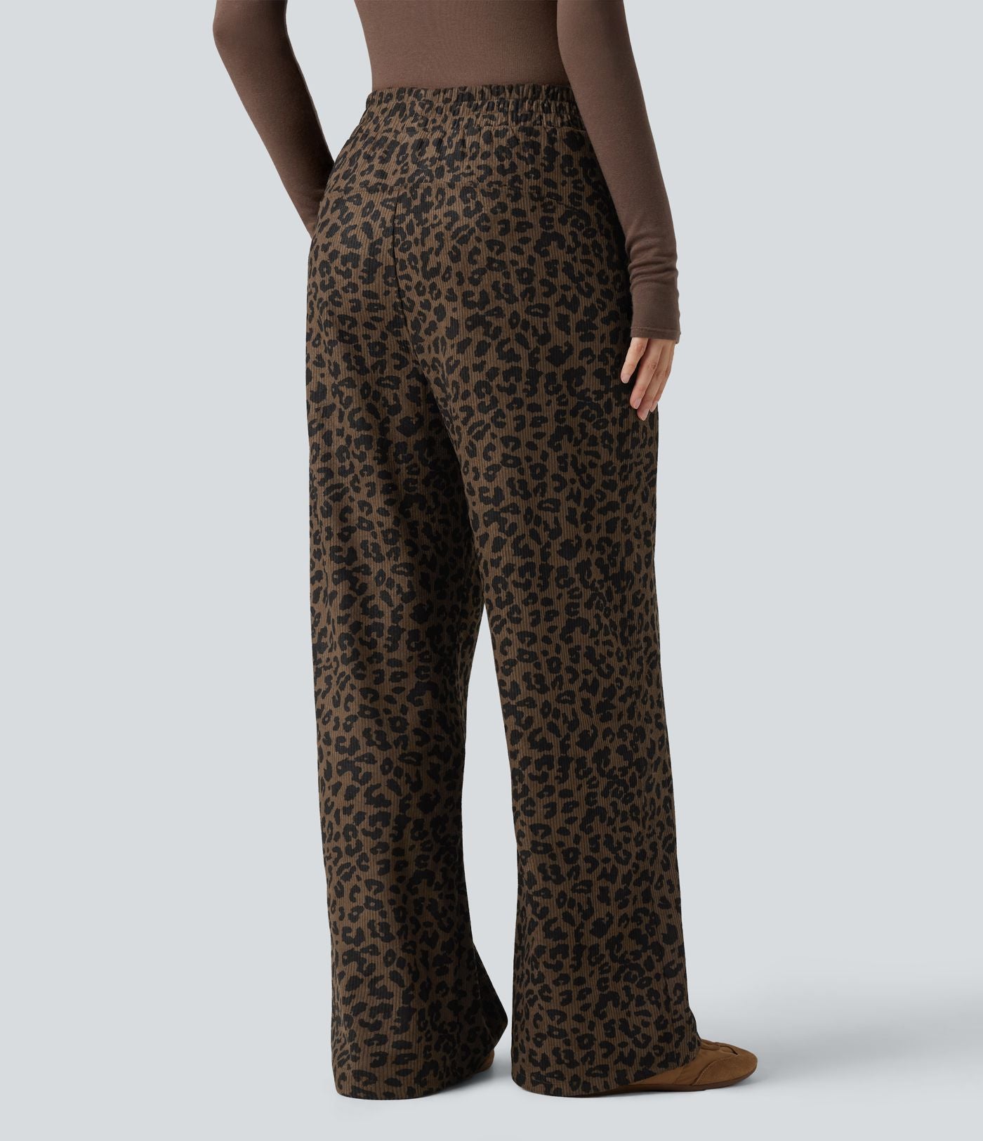 Pantalon léopard velours côtelé imprimé coupe droite mop taille haute avec poches