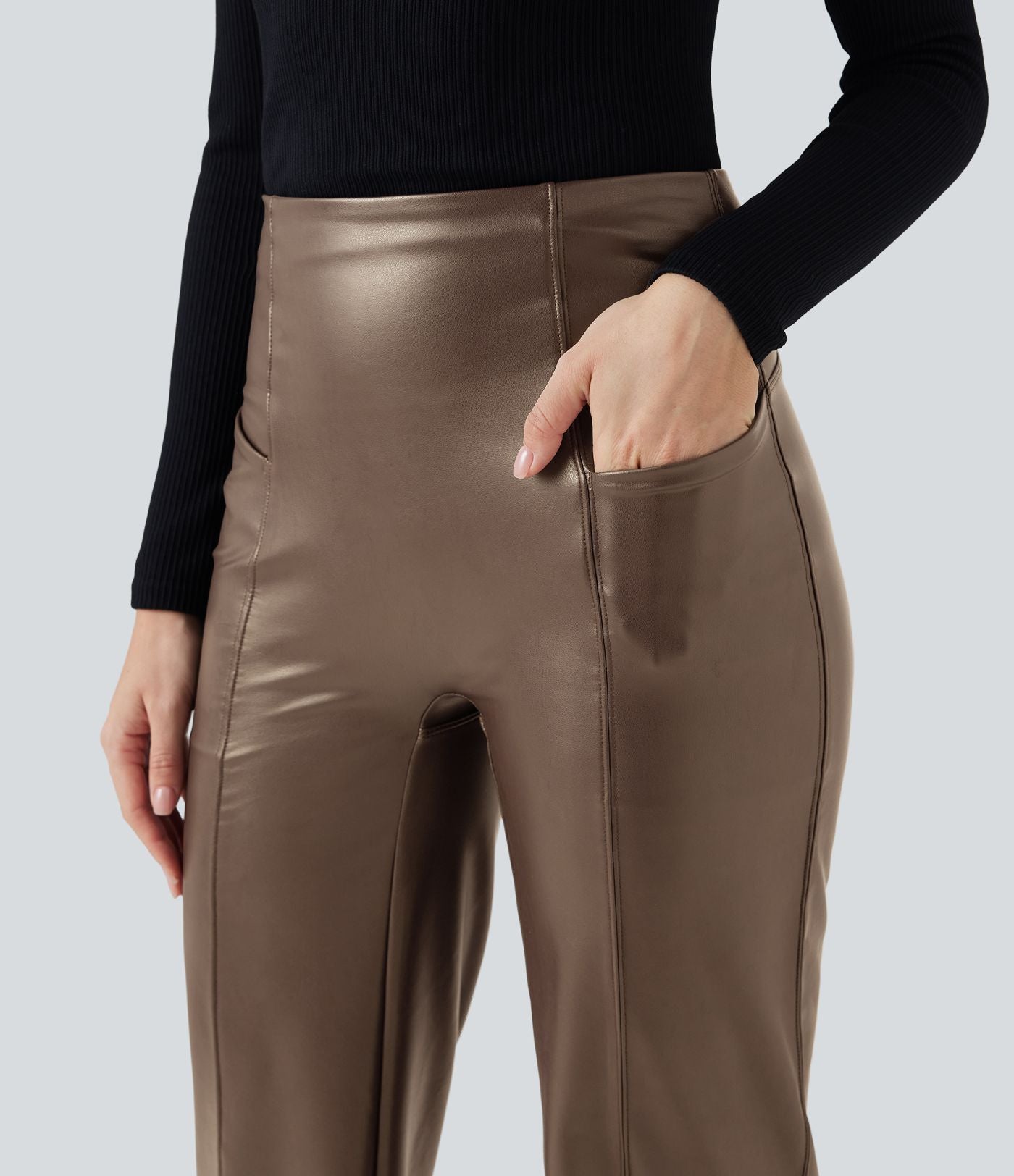Pantalon similicuir évasé gainant taille haute stretch avec poches