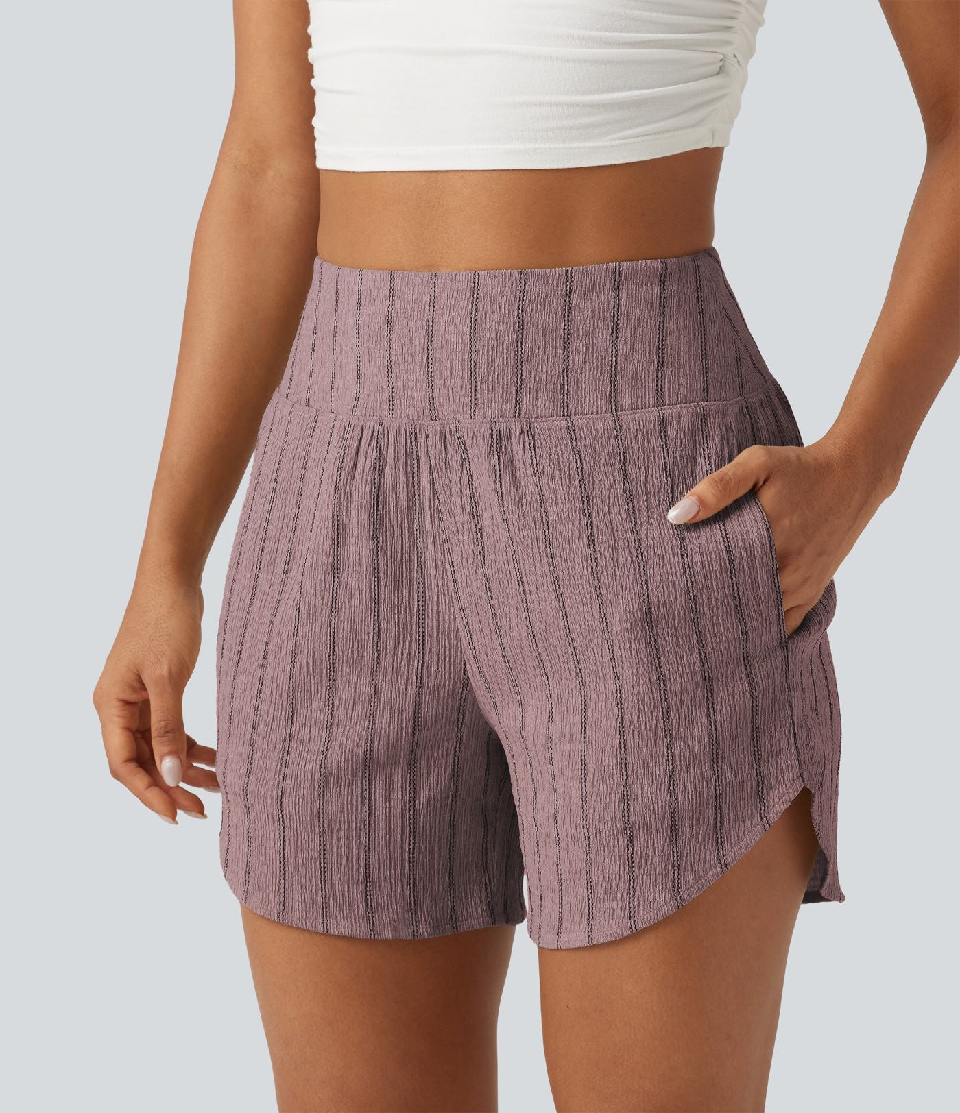 Short casual taille haute ourlet arrondi rayures avec poches