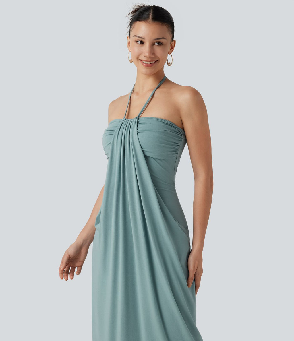 Robe midi de plage à col halter avec brassière intégrée, lien noué au dos et poches