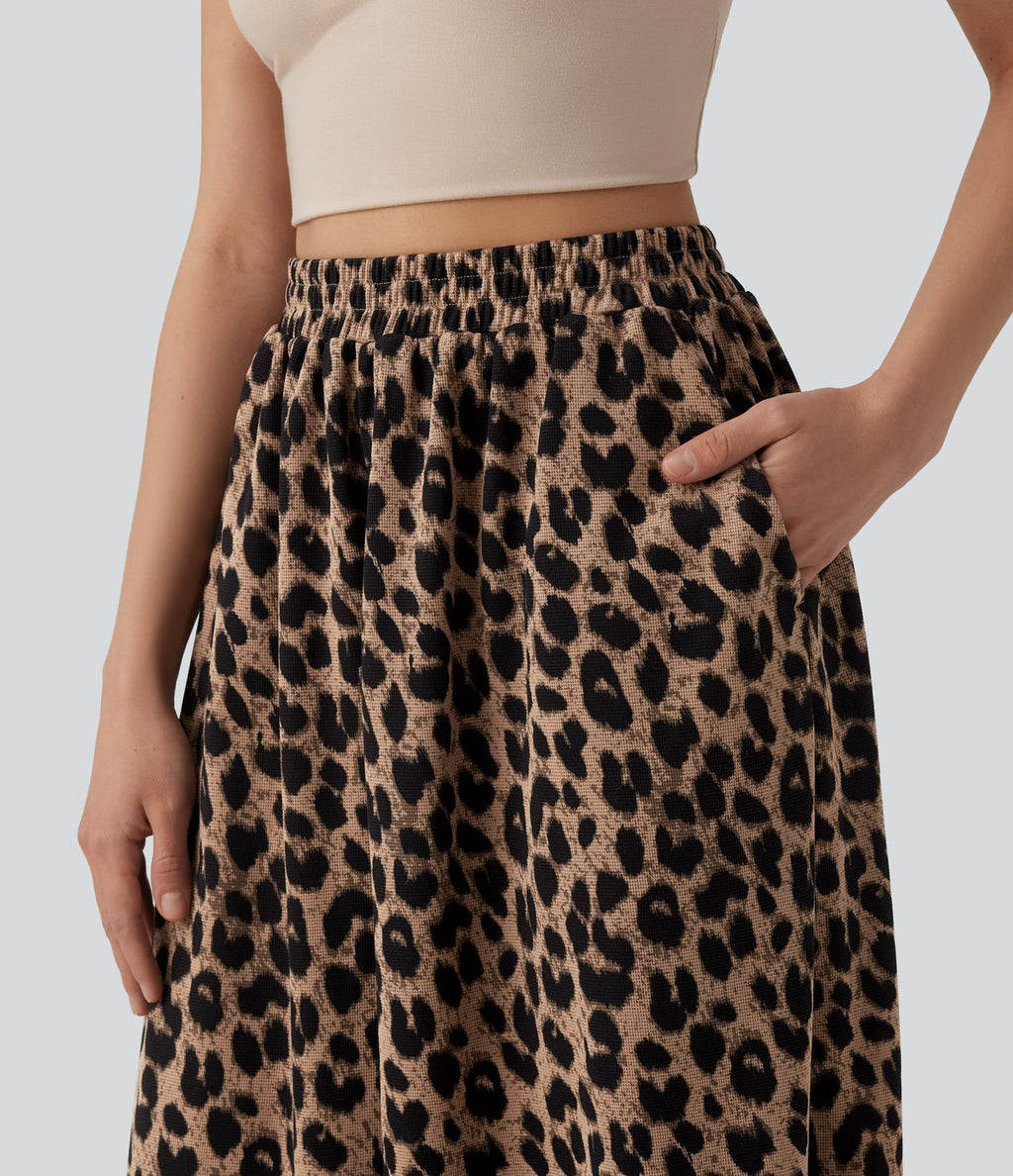 Jogging casual fluide gaufré imprimé léopard taille haute avec poches