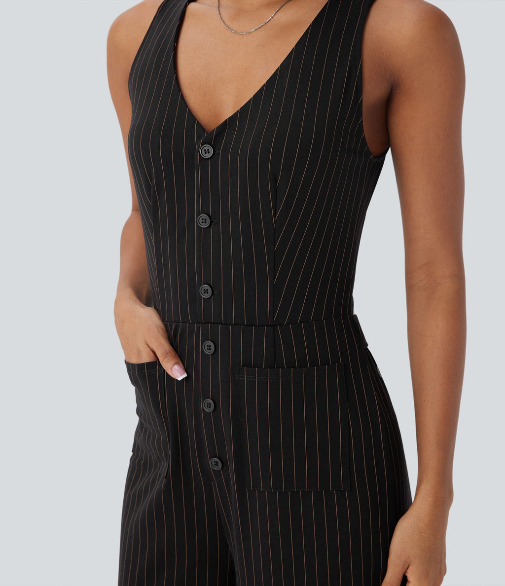 Combinaison tailleur rayée à jambes larges, décolleté en V, découpe et poches