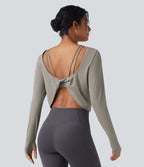 Top de sport yoga SoftlyZero™ QuickDry 2-en-1 dos nu torsadé manches longues avec trous pouces