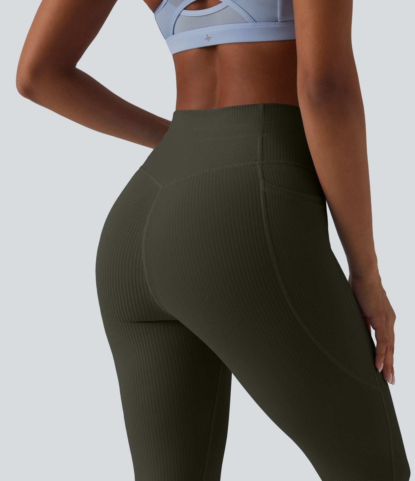 Legging de sport maille côtelée gainant à séchage rapide taille haute avec cordon de serrage et poches - UPF50+