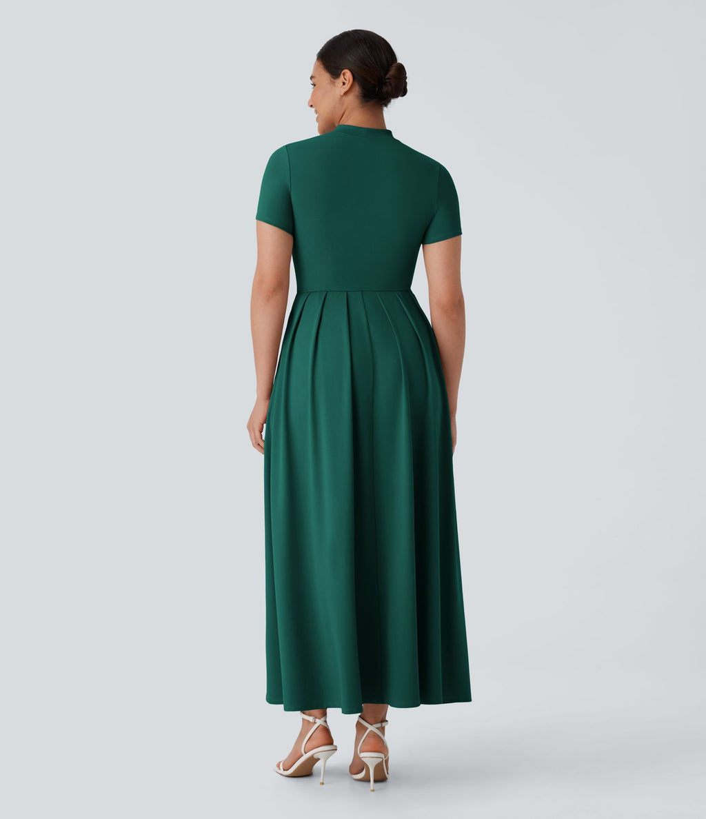 Robe longue décontractée à col montant, manches courtes et poches latérales