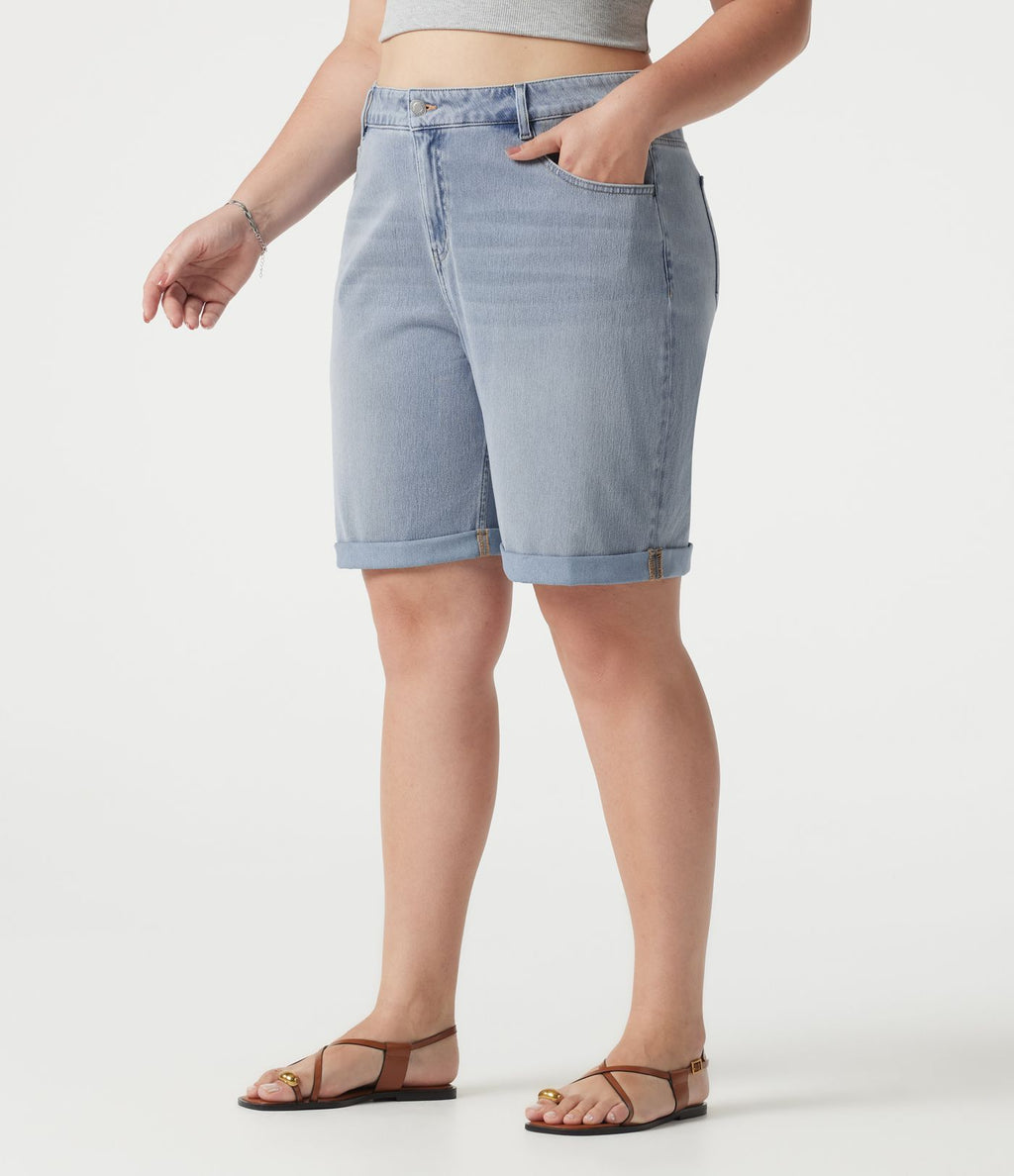 Short bermuda casual denim grande taille Halara Flex™ tricot extensible délavé taille haute multiples poches ourlet roulotté