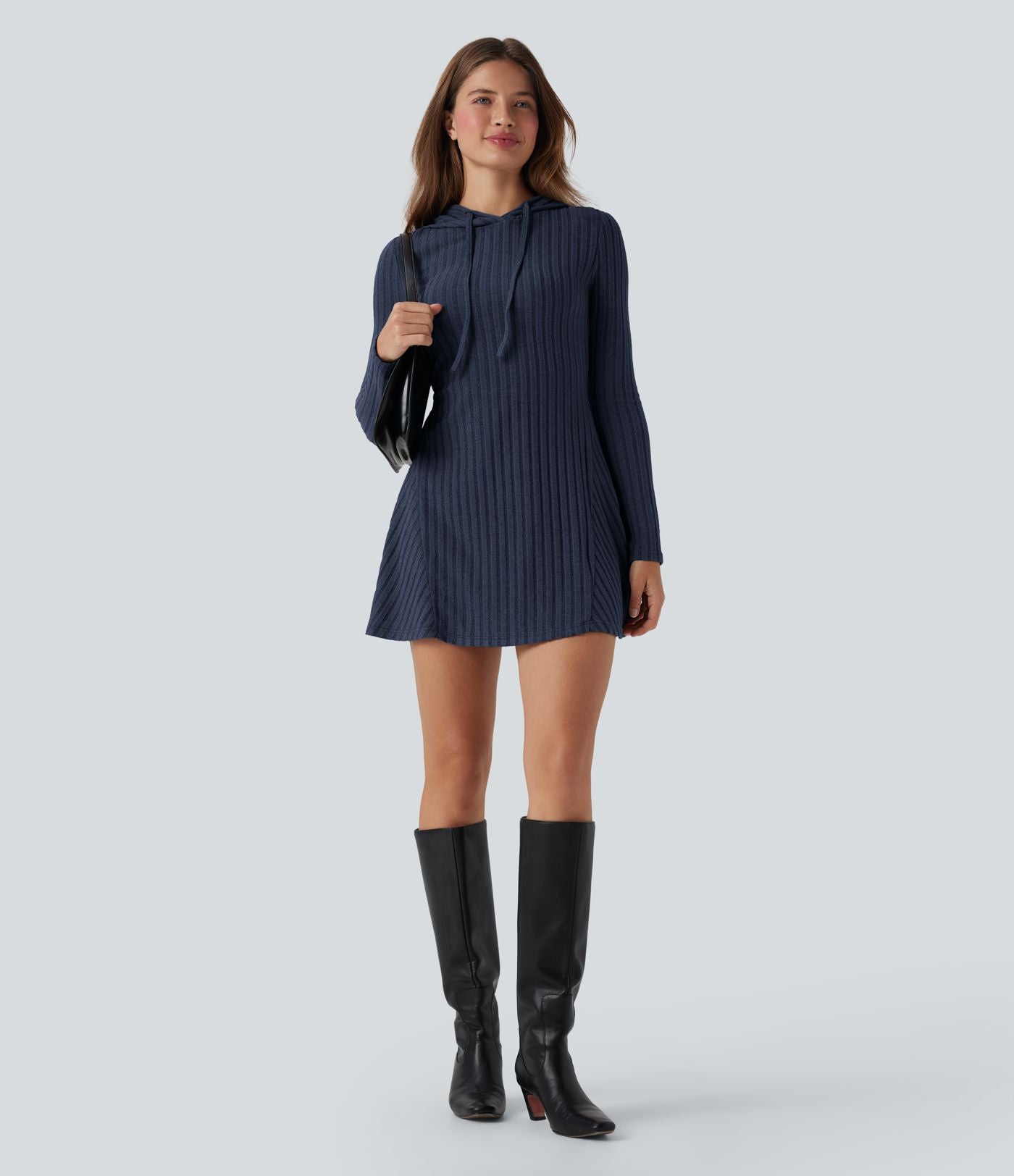 Robe décontractée mini à capuche maille côtelée manches longues avec cordon de serrage