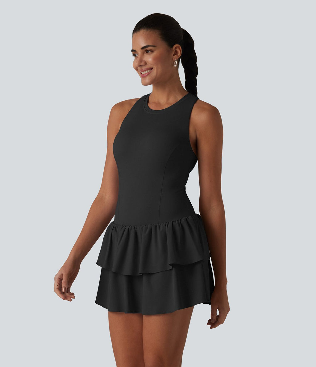 Breezeful™ Robe casual 2 en 1 sans manches dos nageur à séchage rapide, ourlet à volants étagés avec soutien-gorge intégré