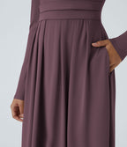 Robe longue décontractée à col montant, manches longues, plissée, avec poches latérales et coupe évasée
