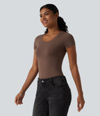 Halara T-shirt en jersey de coton col rond échancré manches courtes avec soutien-gorge intégré bonnets B-DD