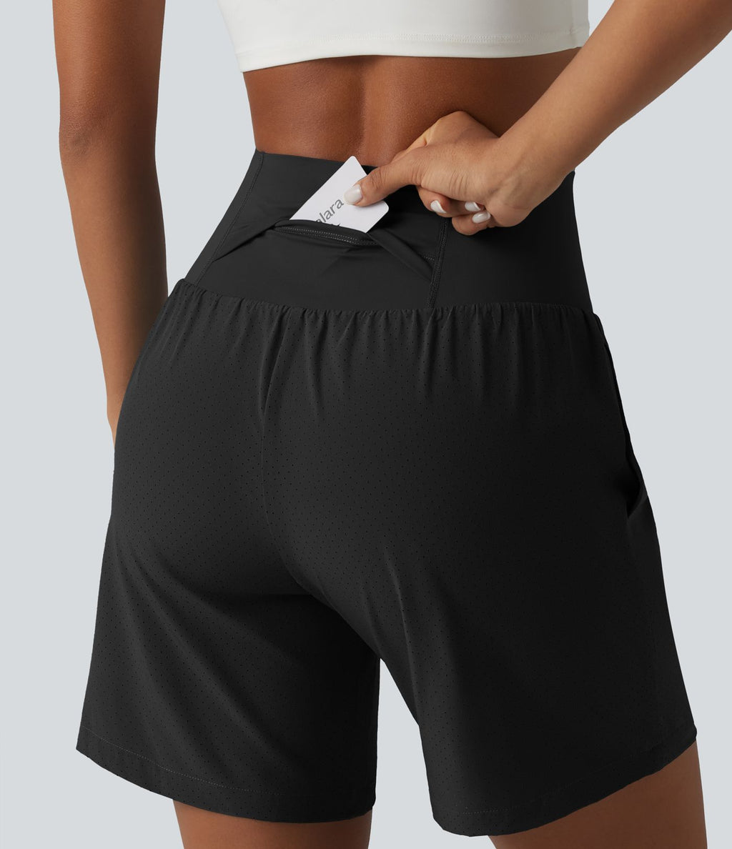 Short de yoga 2 en 1 à taille très haute, effet ventre plat, séchage rapide, 17,5 cm, avec poches