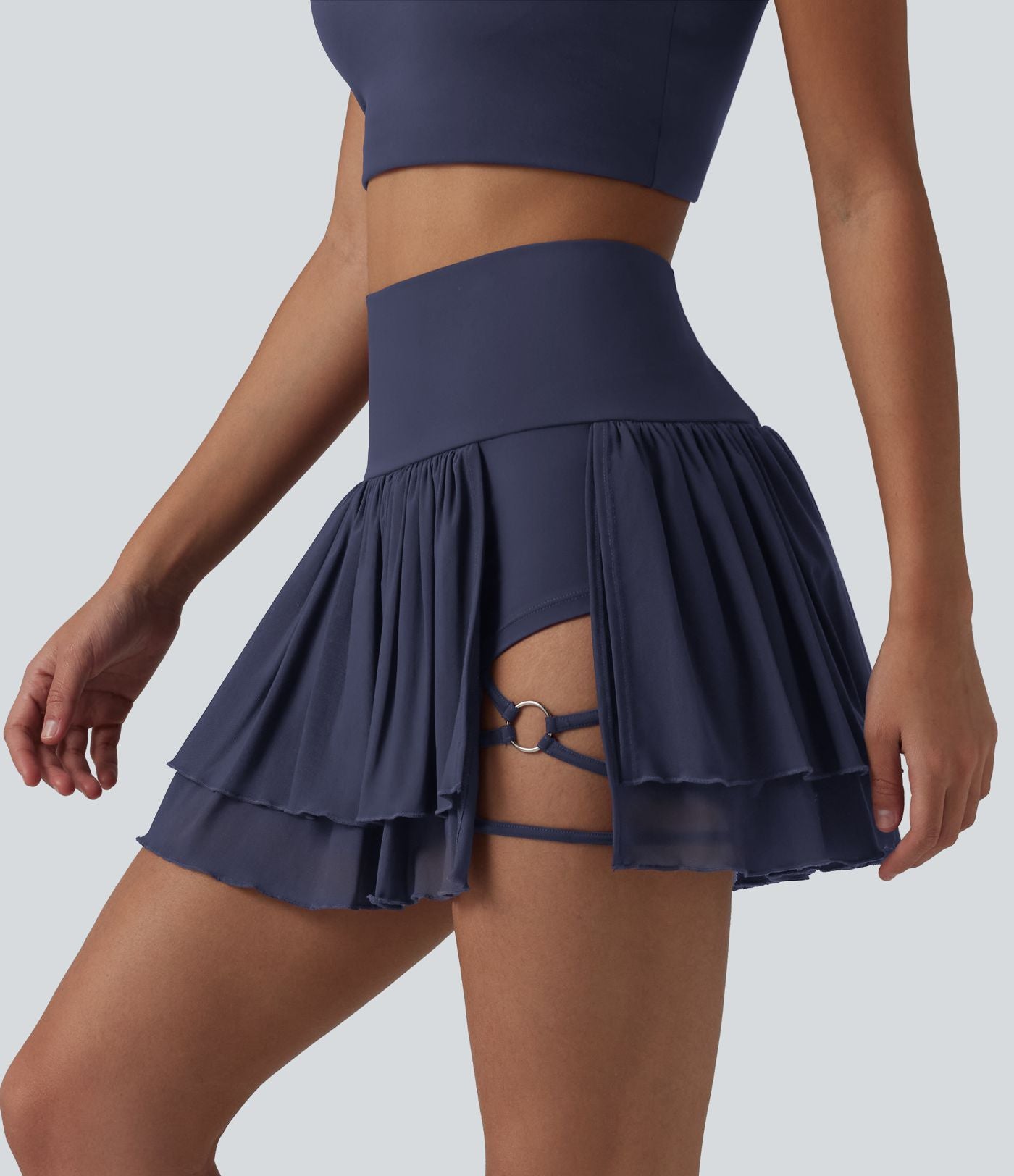Jupe de danse mini 2-en-1 en mesh respirant à volants et ourlet asymétrique taille haute avec poches
