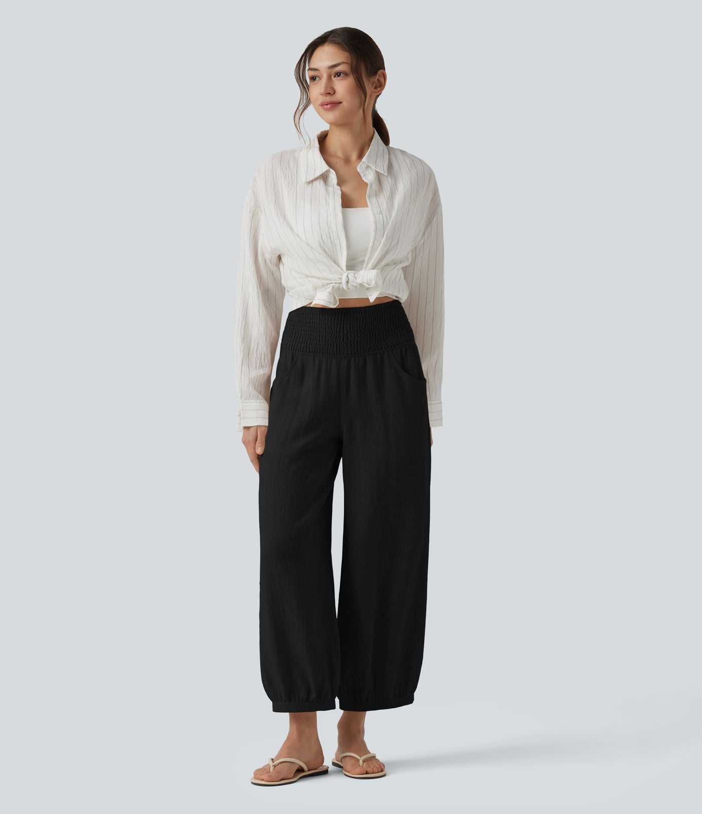 Pantalon casual bouffant aspect lin avec fronces taille haute et poches
