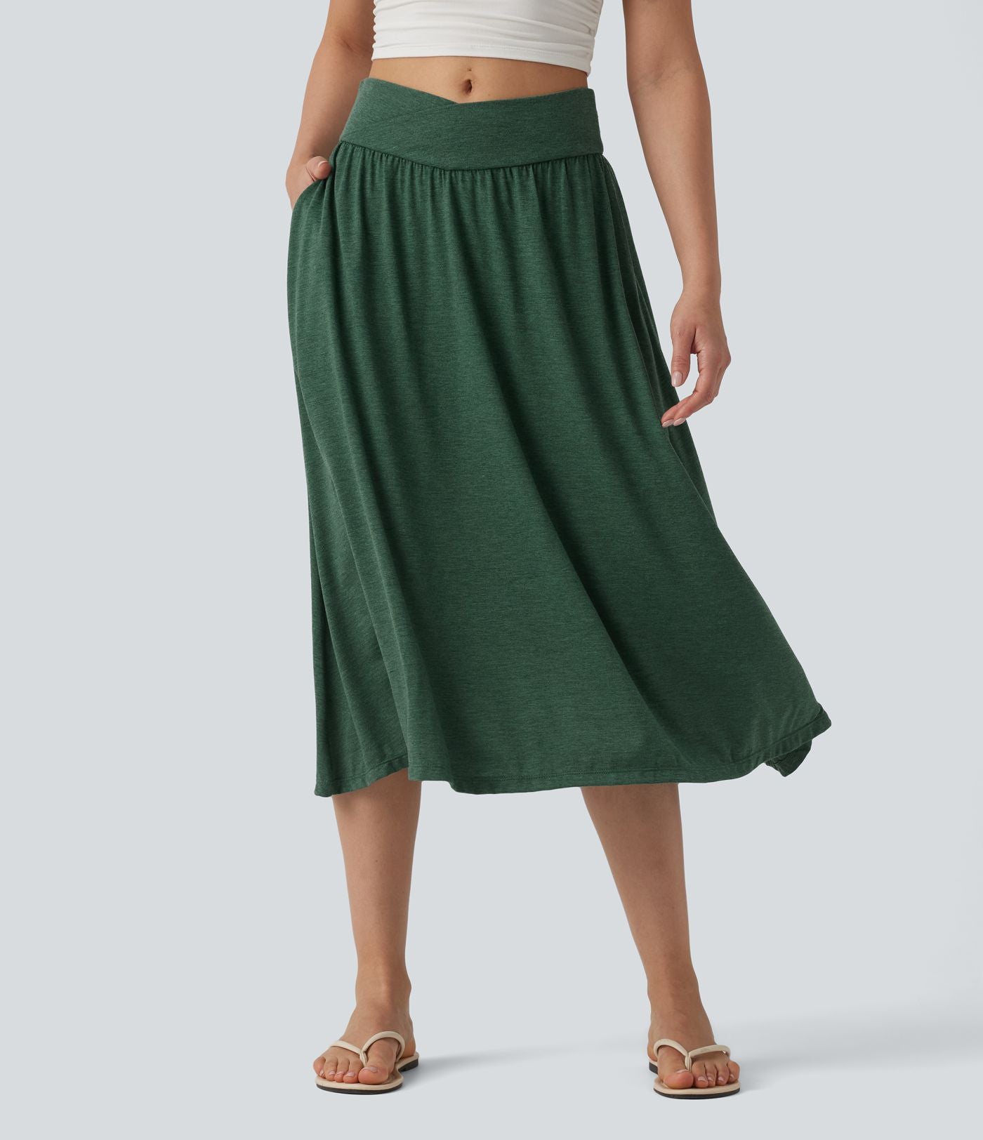 Jupe midi casual fluide croisée taille haute avec poches