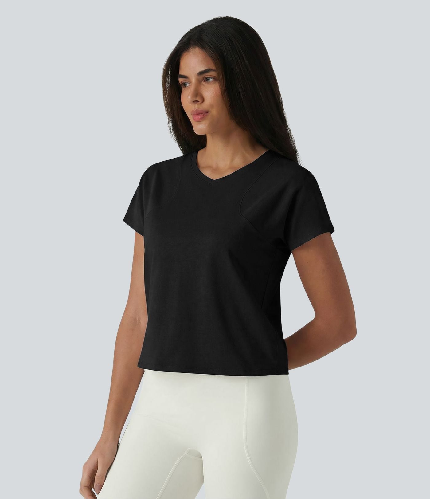 Haut de sport décontracté en coton à manches courtes et col raglan, style yoga, coupe ample, col en V