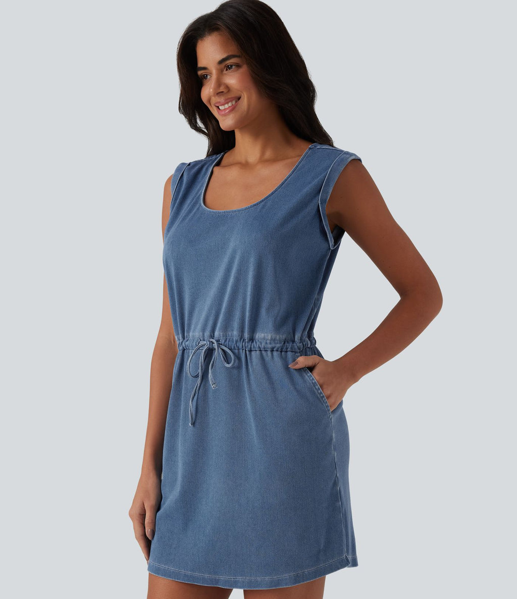 Robe mini Halara Flex™ jean décontracté en lyocell drapé, encolure U, sans manches, à cordon, avec poches