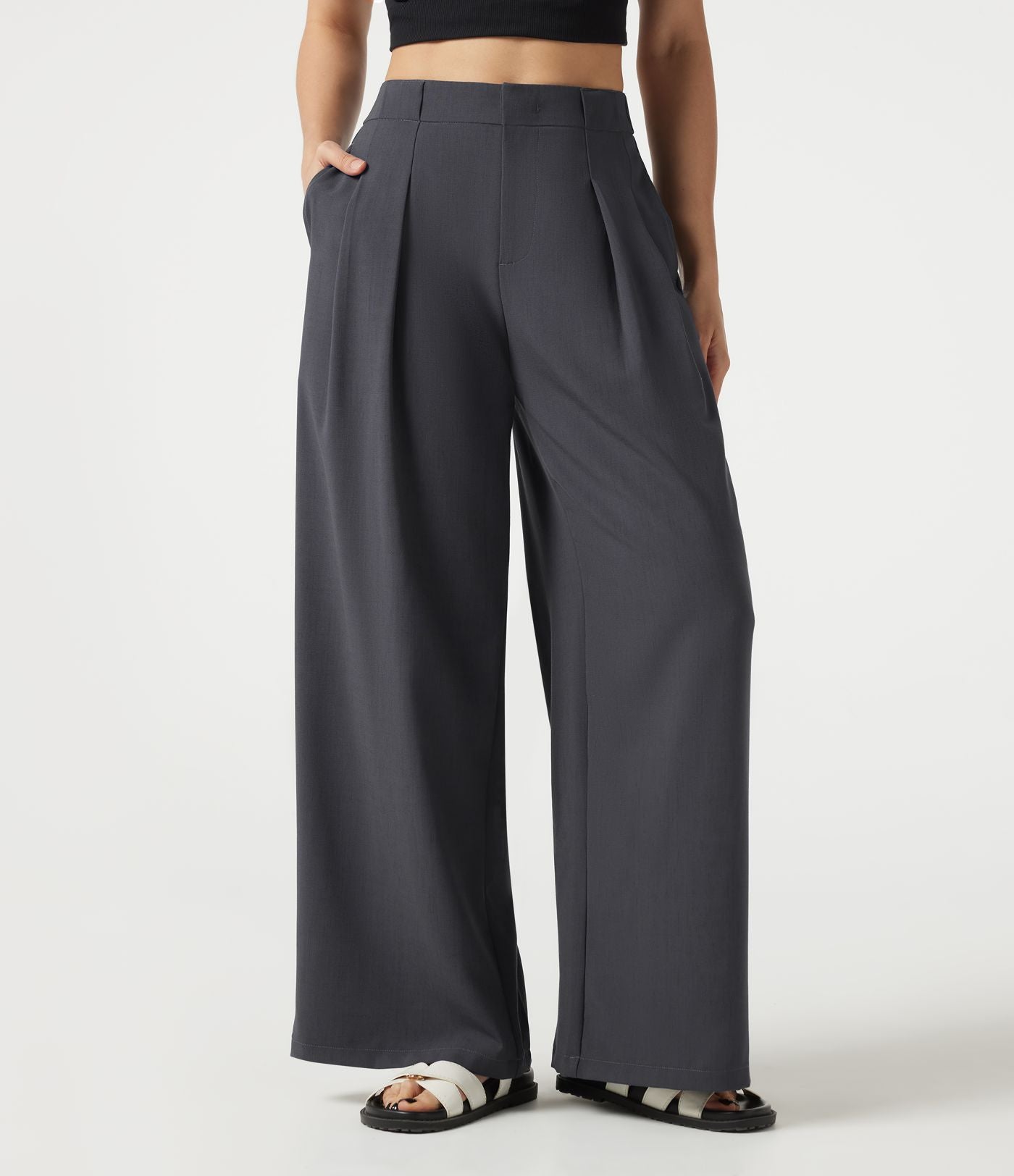 Pantalon casual ample toucher lin taille mi-haute à poches