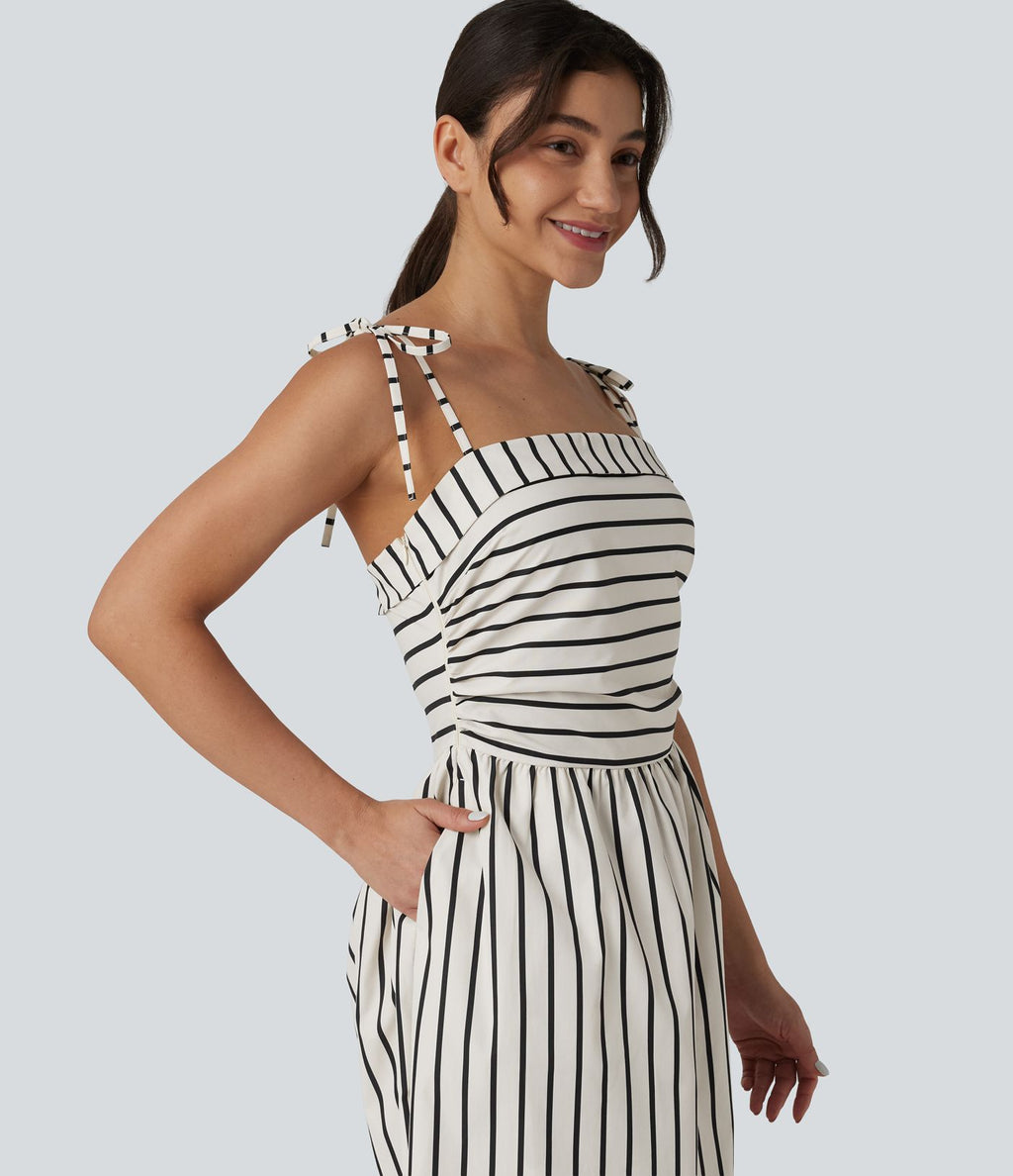 Robe midi rayée bretelles fines avec laçage et poches