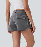 Short décontracté en denim extensible Halara Flex™ taille haute avec bouton, fermeture éclair et ourlet courbé 7,5 cm