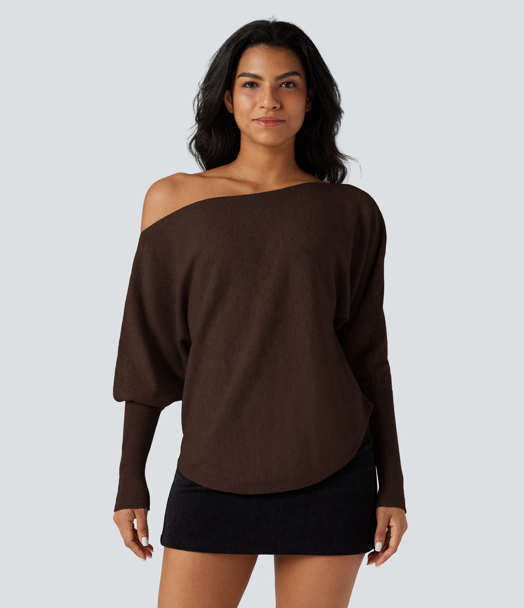 Pull une épaule manches chauve-souris ourlet arrondi