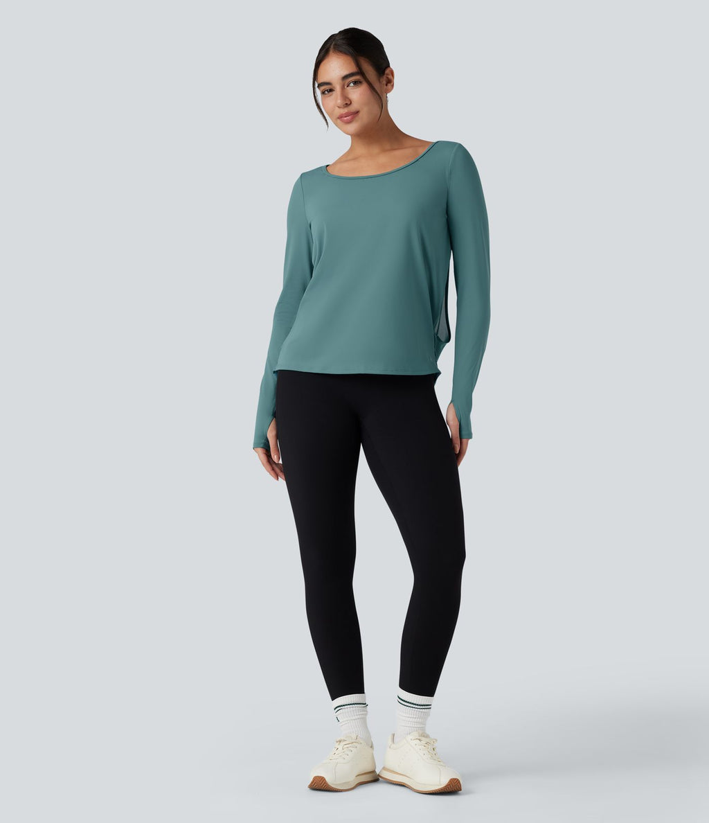 Top de sport yoga SoftlyZero™ Airy mesh contrastant à découpes manches longues avec trous pouces - UPF50+