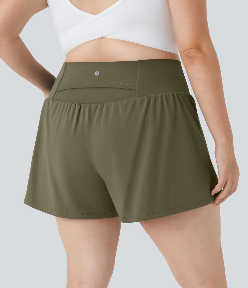 Short Yoga 10cm Plus Longue Taille Ultra Haute 2 en 1 Poche Arrière Poche Cachée Latérale Grande Taille