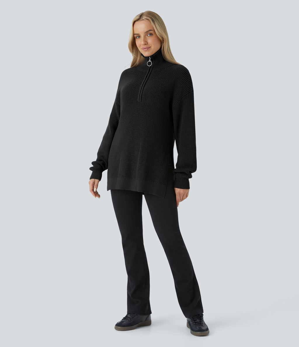 Pull décontracté à col montant, demi-fermeture éclair, manches longues et fente