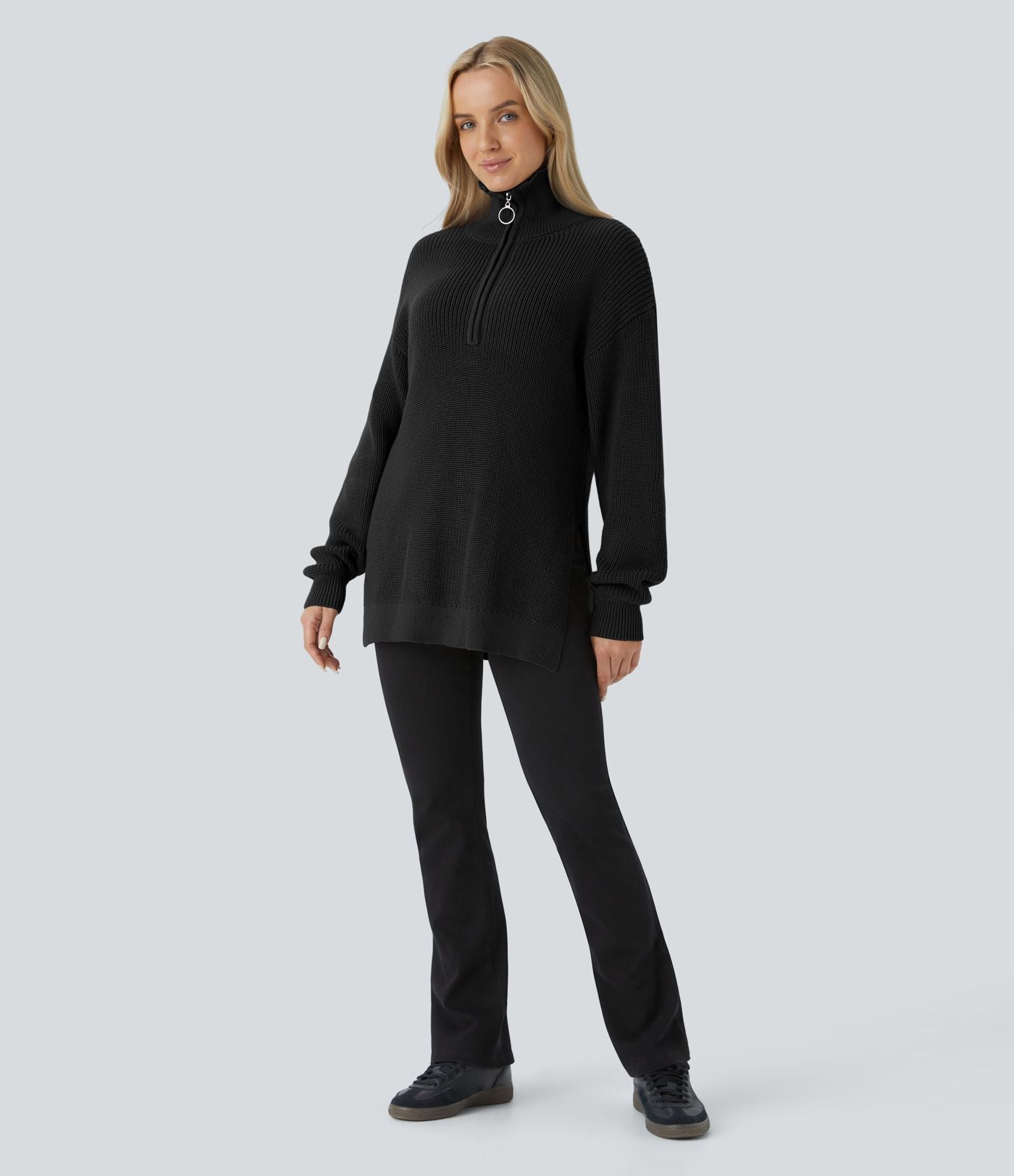 Pull décontracté à col montant, demi-fermeture éclair, manches longues et fente