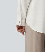 Chemise décontractée en lin col ourlet arrondi manches longues boutonnée avec poches