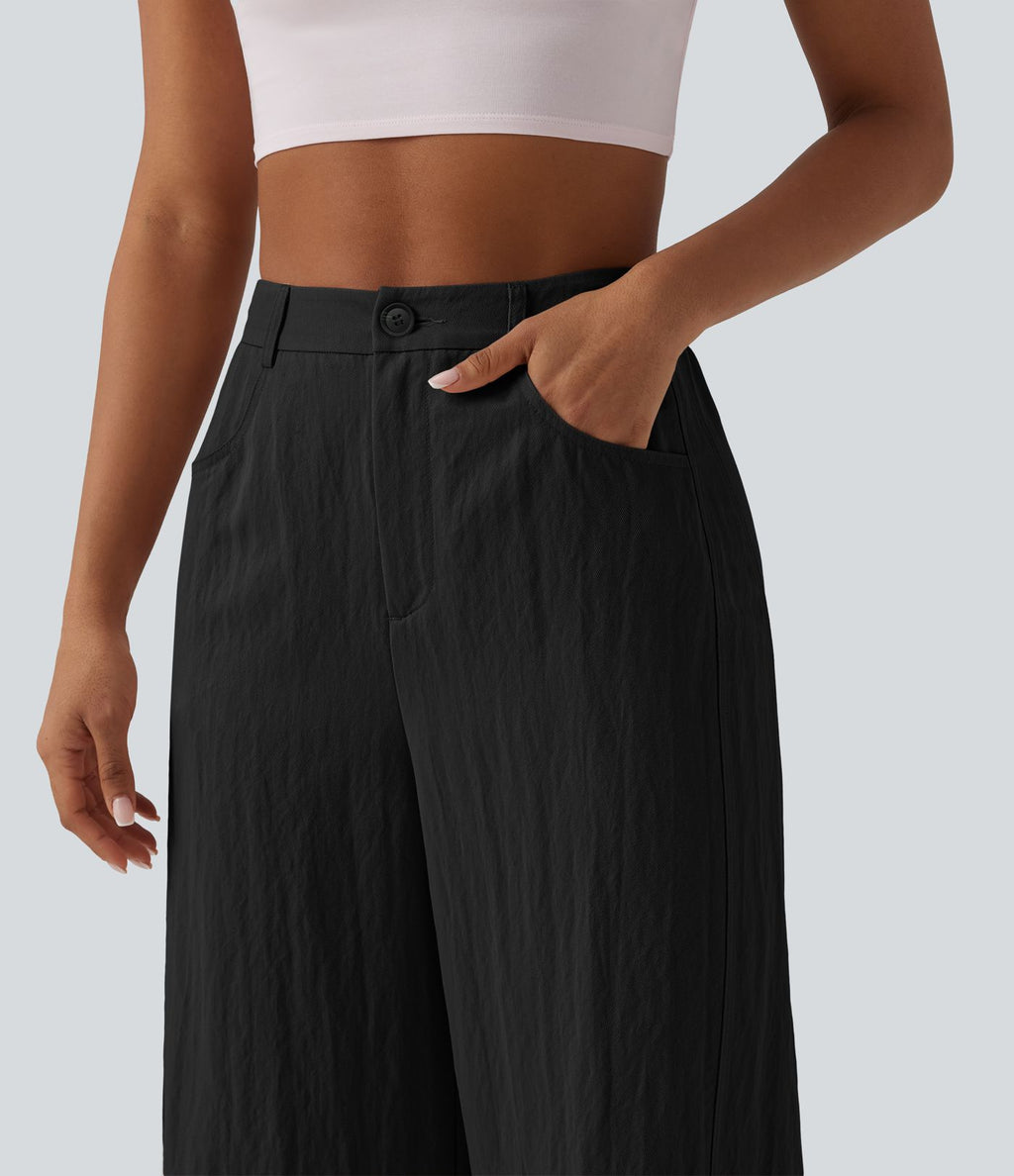 Pantalon large décontracté court taille haute avec poches