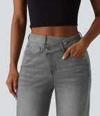 Jean baggy asymétrique Halara Flex™ taille haute effet délavé avec poches