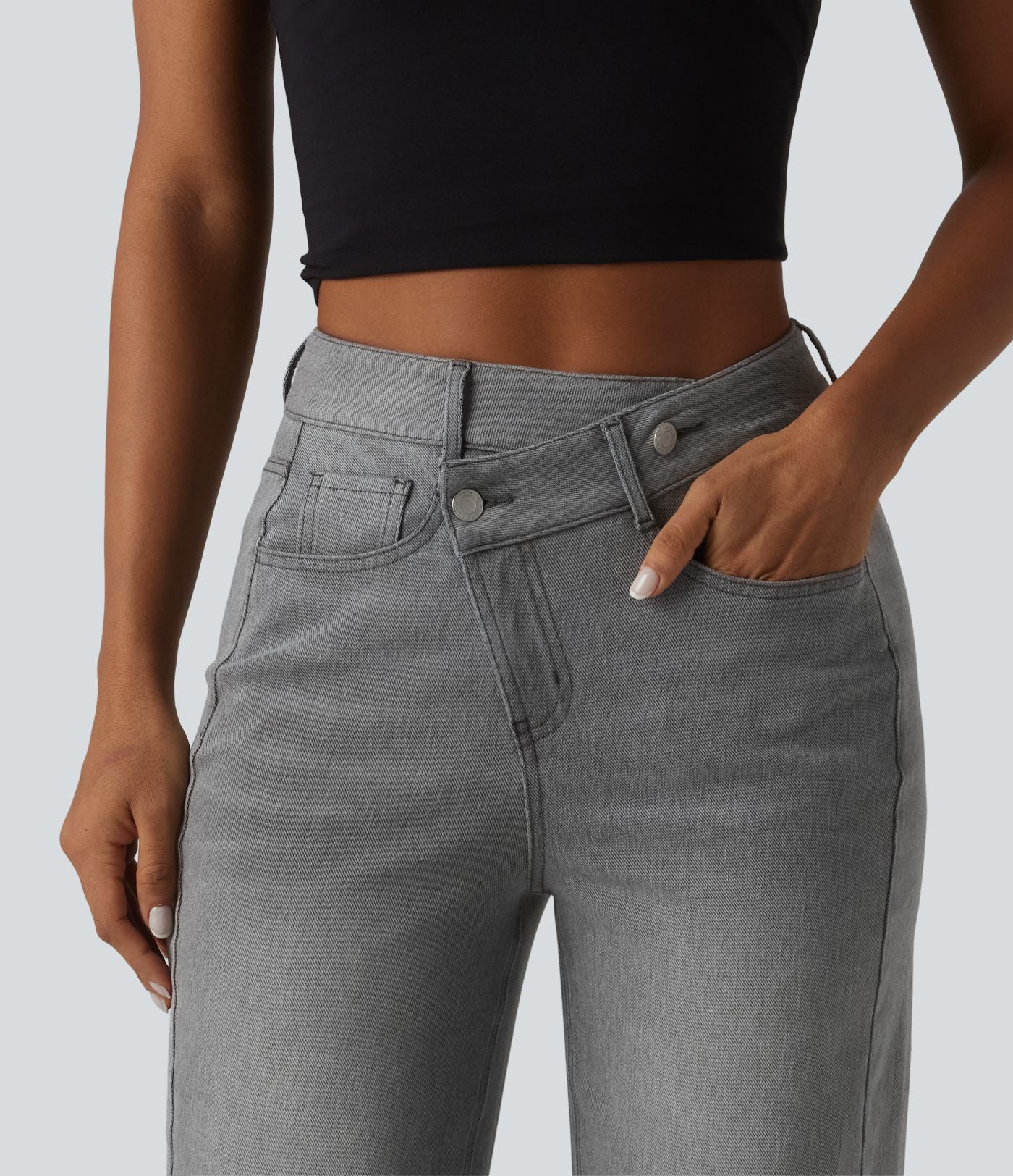Jean baggy asymétrique Halara Flex™ taille haute effet délavé avec poches