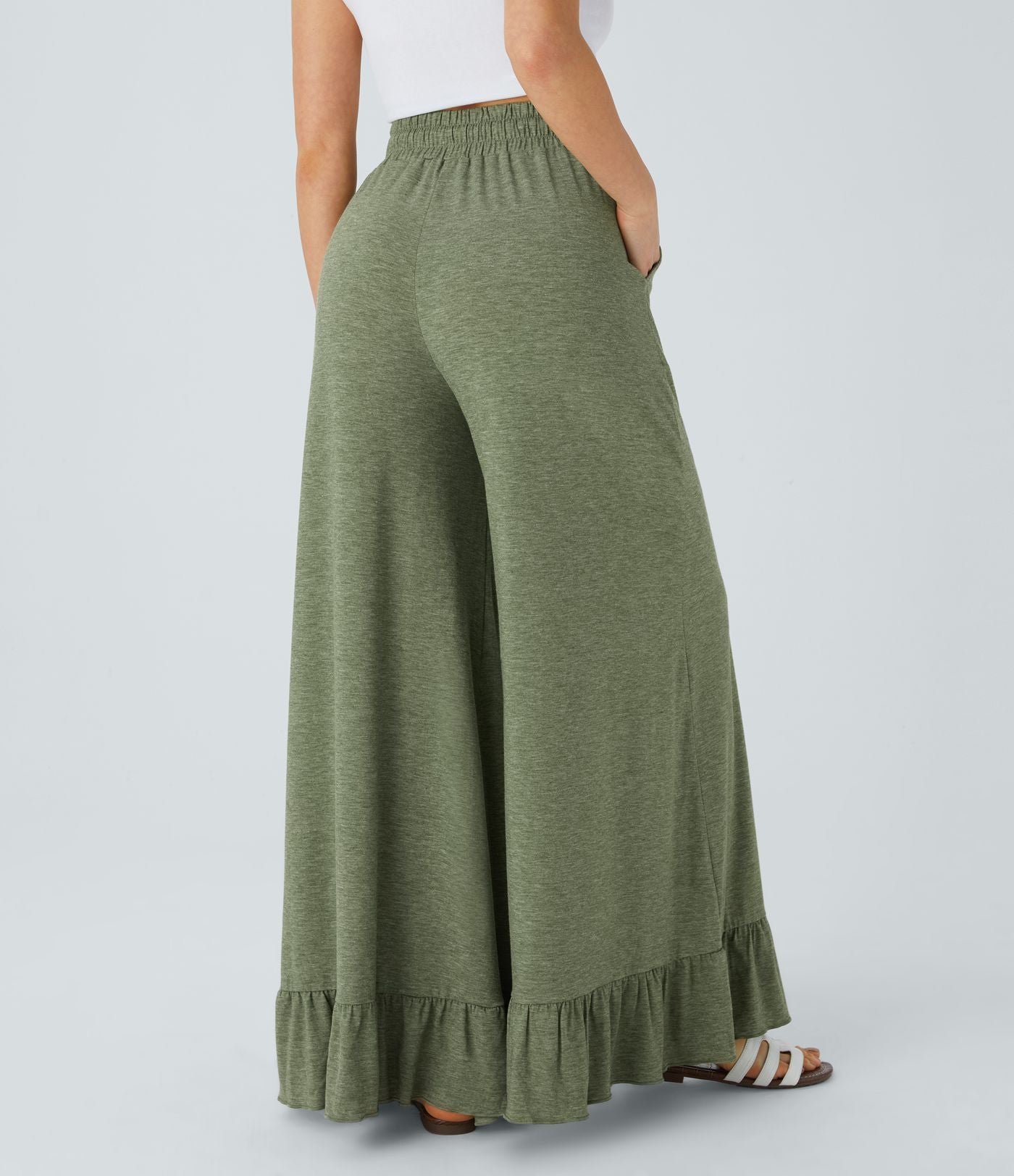Pantalon Casual à Taille Haute avec Cordon De Serrage Poches Latérales et Volants Jambes Amples