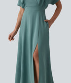 Robe midi col V manches courtes aspect lin avec poches
